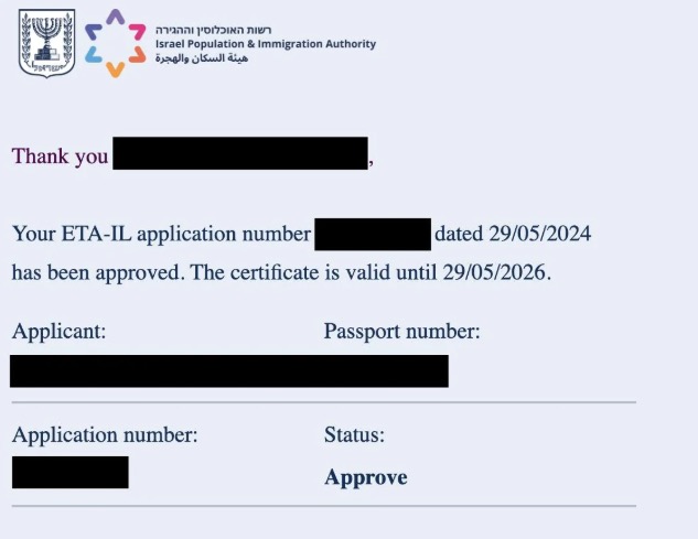 Exemple de confirmation d'ETA-IL Israël